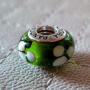 Authentic Pandora Green Glass Charm White Flowers 925 ALE LIKE-NEW